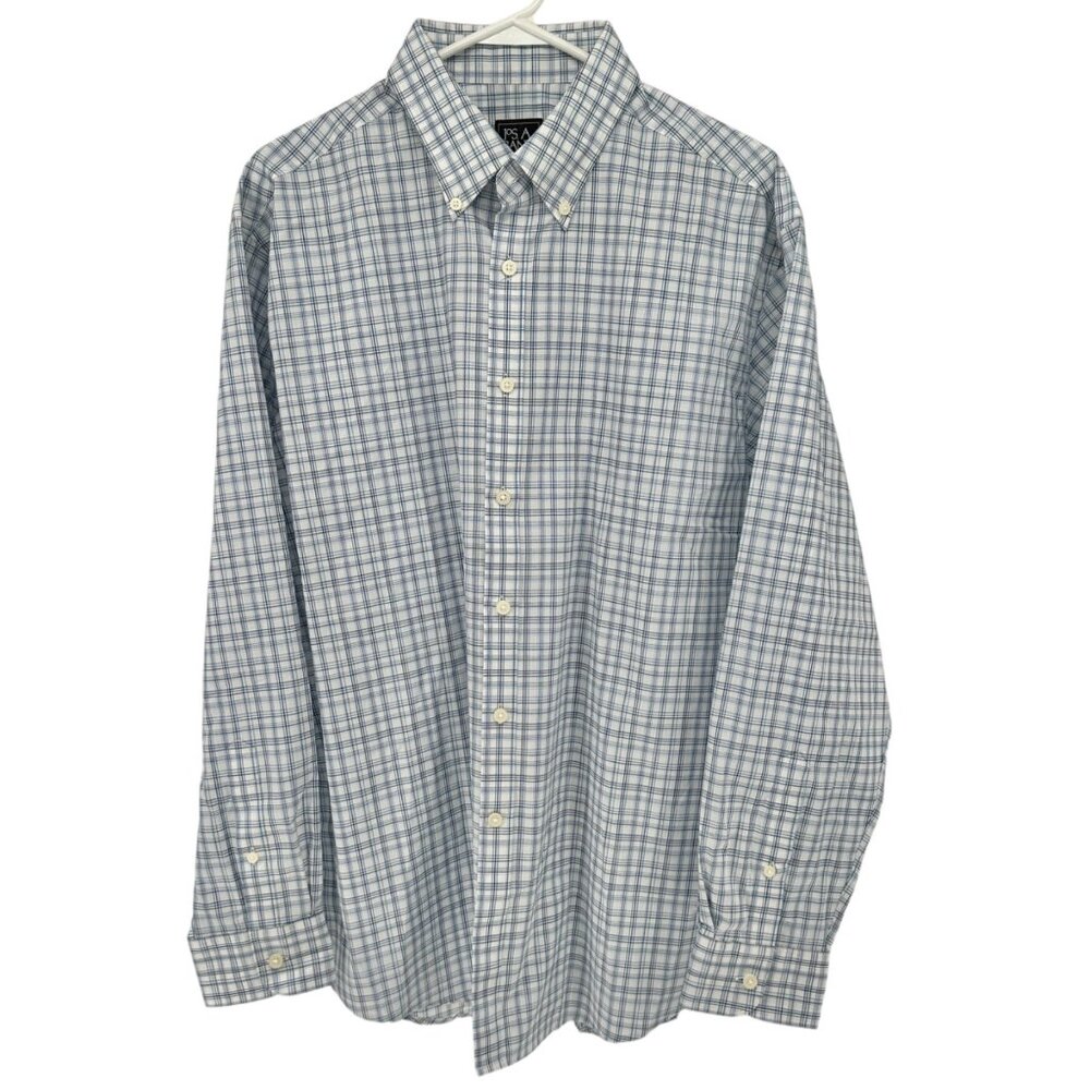 Jos A Bank Traveler Tailored Shirt L Blue Plaid Cotton Blend LS TravelTech